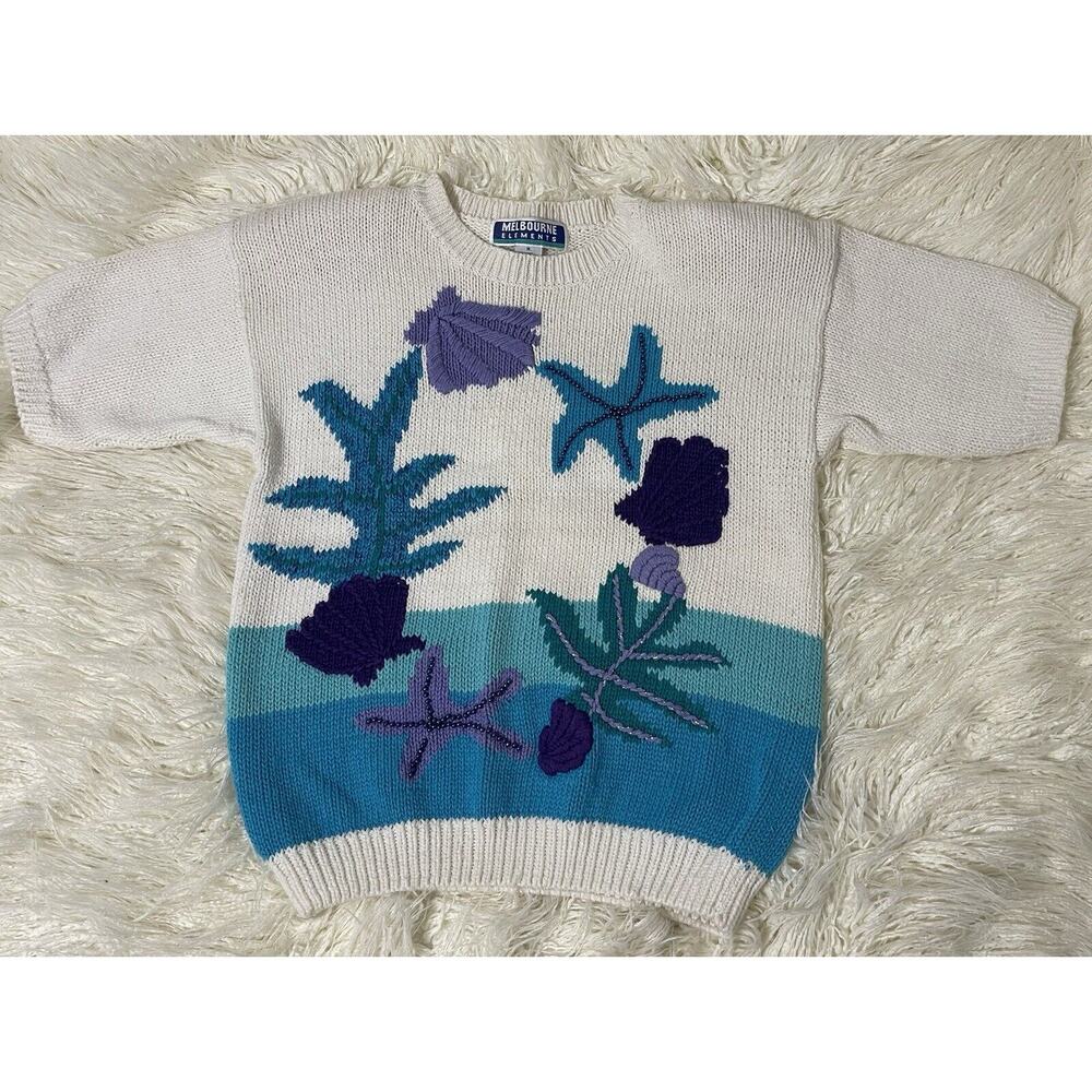 Melbourne Elements vintage Seashell Starfish novelty short sleeve Sweater Medium